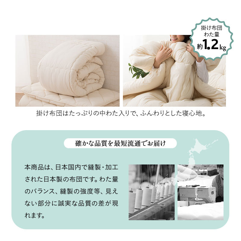 エムールの「ダニを通さない」日本製布団 3点セット シングル (掛け布団・敷き布団・枕) 抗菌 防臭 防ダニ 組布団 布団セット 掛け敷き枕 ウレタン入り