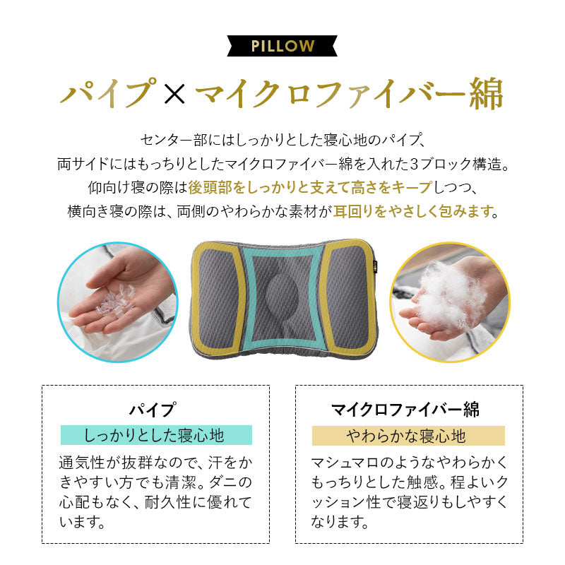 高機能マットレス 布団3点セット シングル (掛け布団・三つ折りマットレス・枕) 極厚 抗菌 防臭 防ダニ 掛け敷き枕