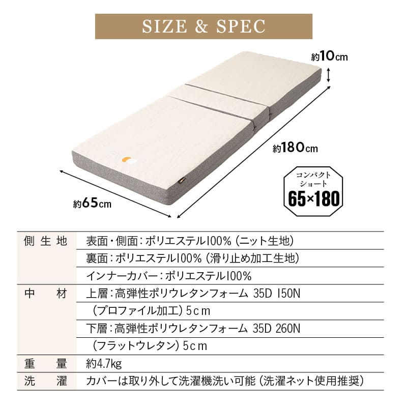 敷いたまま折りたためる 折りたたみベッド専用 マットレス 65×180cm コンパクトショートサイズ 2層構造 極厚 滑り止め加工 変則3つ折り形状