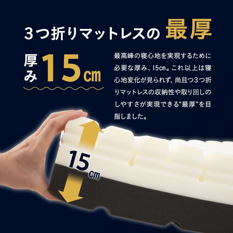プレミアムマットレス コンパクトサイズ 幅65cm 極厚 最厚 15cm 高反発ウレタン 3層構造 三つ折り 3つ折り 折りたたみ コンパクトマットレス ごろ寝