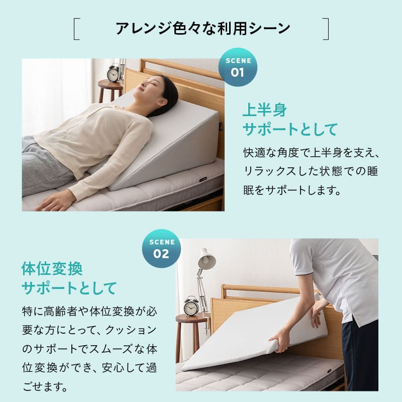 傾き寝枕 傾斜枕 三角枕 なだらか枕 足枕 三角クッション 背もたれ 傾斜角度22° 傾斜角度30° 滑り止め加工 体位変換 体位保持 寝返り リハビリ 寝たきり 介護 高齢者 床ずれ防止 逆流予防 むくみ予防 鼻づまり改善 ショールーム体験可