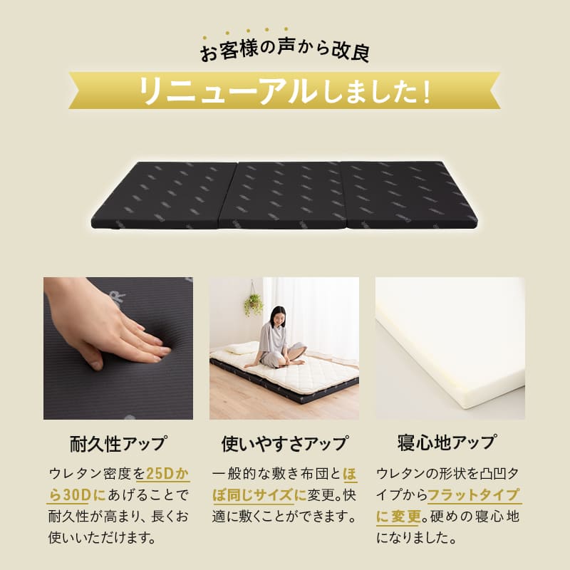 アンダーマットレス 薄型マットレス 下敷き マットレス 敷き布団 三つ折り 折りたたみ 高反発 ウレタン かため 軽量 コンパクト 省スペース 寝心地改善 来客用