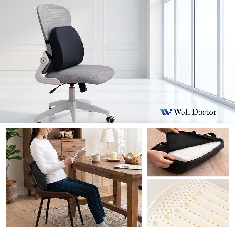 Well Doctor ウェルドクター 腰プロテクター ラテックス 背もたれクッション ランバーサポート 腰枕 腰当て 背当て 固定バンド付き