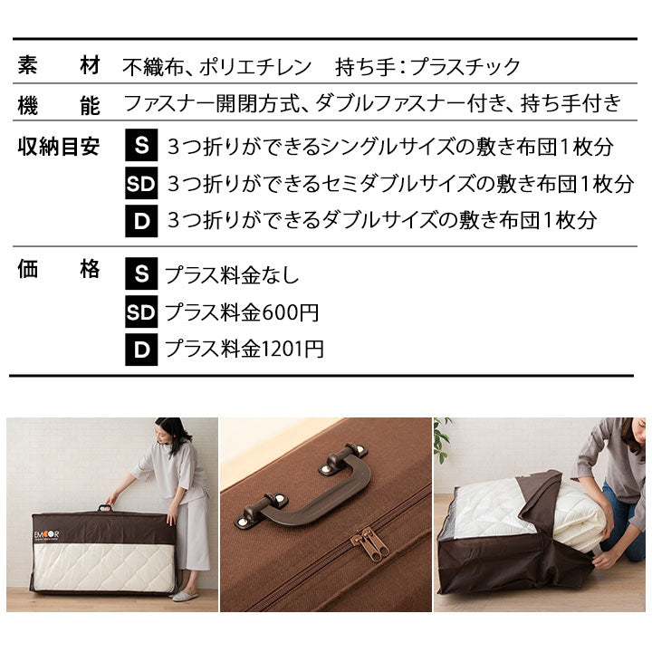 エムールオリジナル 敷き布団収納ケース 6点セット (3つ折りができる敷き布団対応) 持ち手付き ダブルファスナー付き 中身が見える透明ビニール窓仕様