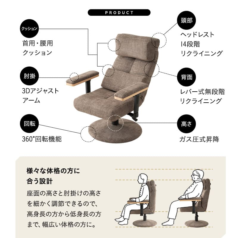 リクライニングチェア パーソナルチェア 「あかり」 プレミアムタイプ  360度回転 可動式クッション付き ガス圧式昇降 無段階リクライニング 高座椅子 ショールーム体験可 完成品