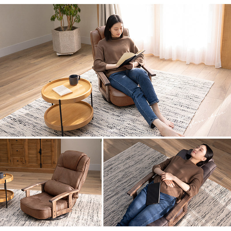 ポケットコイル 回転座椅子 リクライニングチェア 完成品 360°回転 ファブレザー 回転式 肘付き 一人用 一人掛け 座椅子 パーソナルチェア ソファ