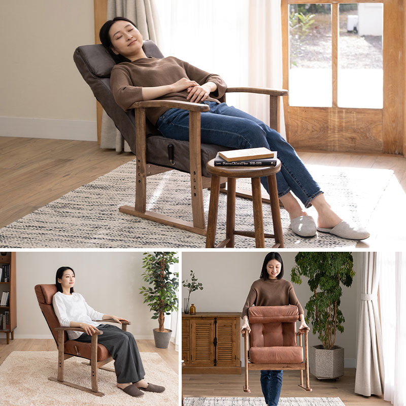 高座椅子 「れおん」 無段階リクライニングチェア ポケットコイル座面 座面高調節可 本革調 ファブレザー 手元レバー ショールーム体験可