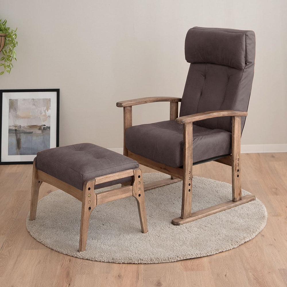 ポケットコイル高座椅子 オットマンスツール 2点セット 「れおん」 リクライニングチェア ファブレザー 天然木 高さ調節 角度調節可 腰痛対策 ショールーム体験可