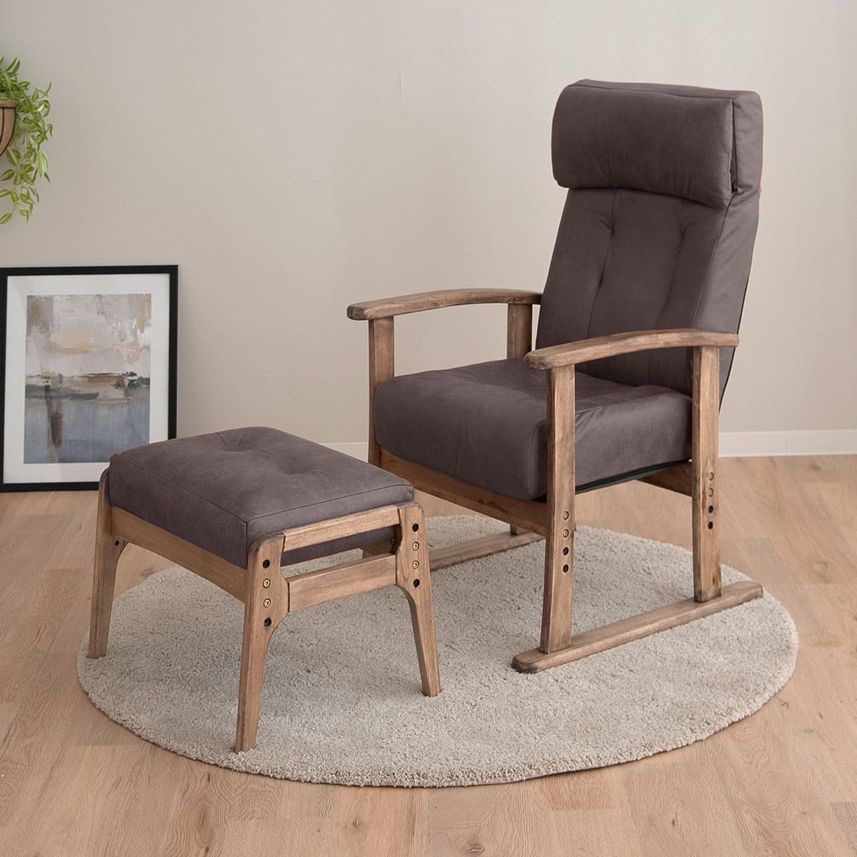 ポケットコイル高座椅子 オットマンスツール 2点セット 「れおん」 リクライニングチェア ファブレザー 天然木 高さ調節 角度調節可 腰痛対策 ショールーム体験可