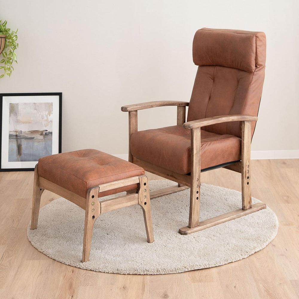 ポケットコイル高座椅子 オットマンスツール 2点セット 「れおん」 リクライニングチェア ファブレザー 天然木 高さ調節 角度調節可 腰痛対策 ショールーム体験可