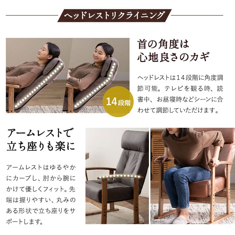 ポケットコイル高座椅子 オットマンスツール 2点セット 「れおん」 リクライニングチェア ファブレザー 天然木 高さ調節 角度調節可 腰痛対策 ショールーム体験可