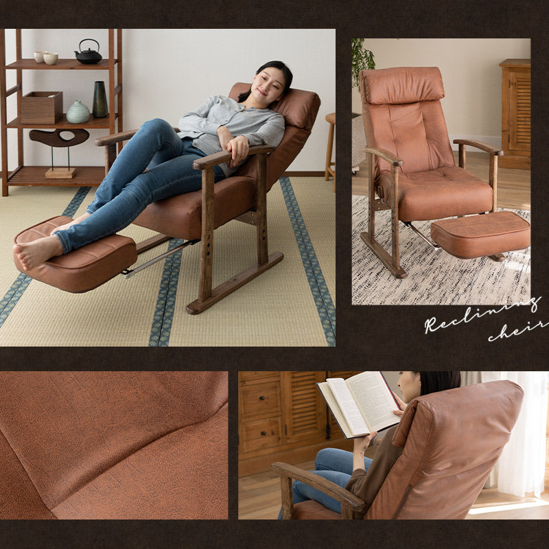 収納式オットマン付き リクライニングチェア 「れおん」 無段階リクライニング 座面高調節可 ヘッドレスト調節可 高座椅子 ソファ 軽量