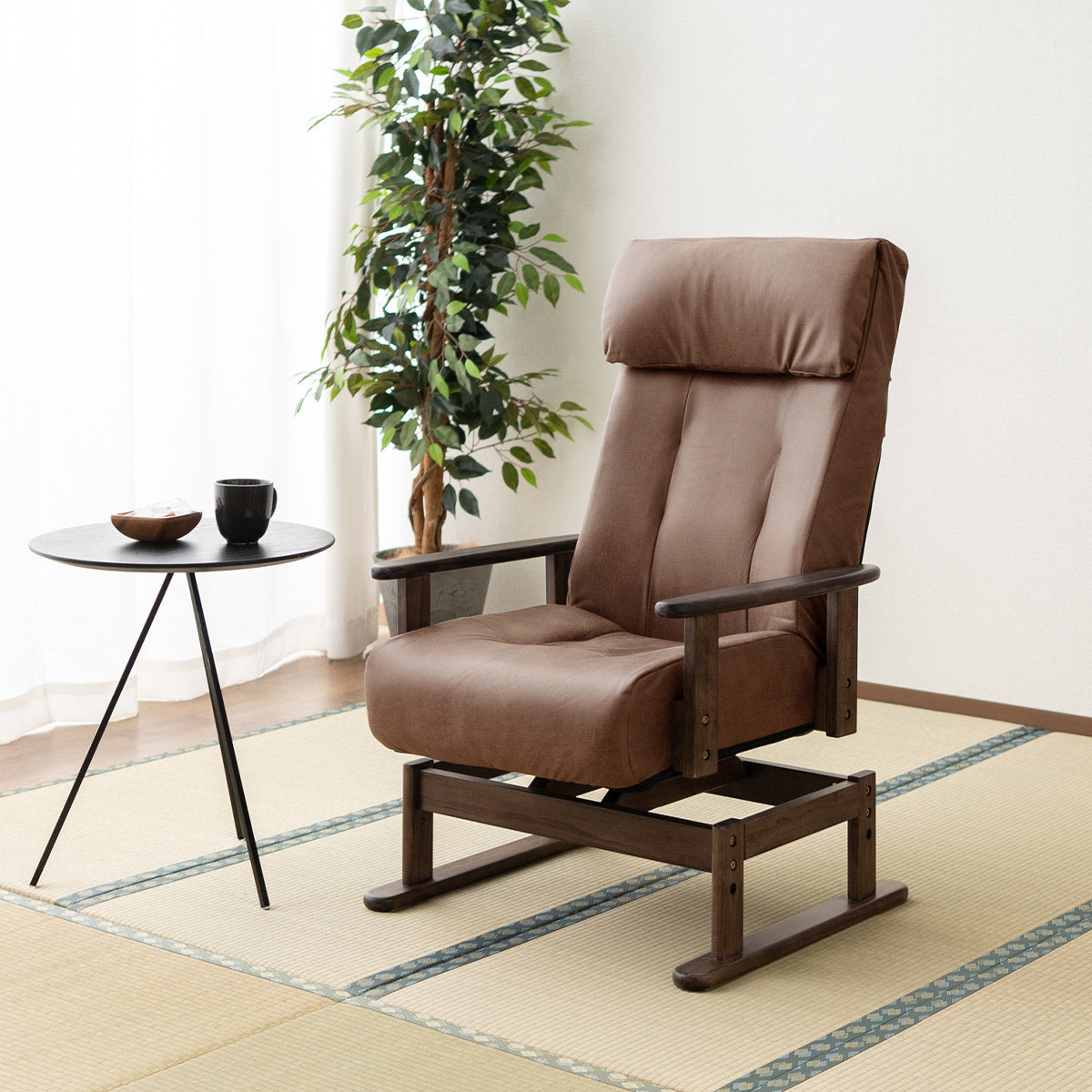 安全ストッパー付き 回転高座椅子 「れおん」 リクライニングチェア ロック機能付き 無段階リクライニング 座面高調節可 ショールーム体験可 完成品