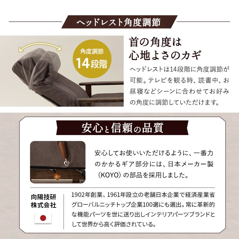 安全ストッパー付き 回転高座椅子 オットマンスツール 2点セット ロック機能付き 「れおん」 リクライニングチェア ファブレザー 天然木 高さ調節 角度調節可 腰痛対策 完成品 ショールーム体験可