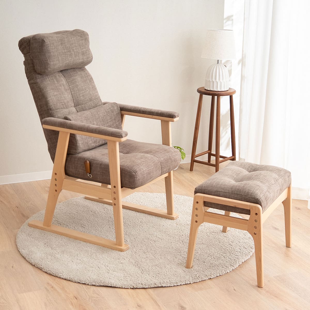 背もたれにこだわった 高座椅子 「あかり」 オットマンスツール 2点セット 可動式クッション付き リクライニングチェア 座面高調節 無段階リクライニング 腰痛対策 完成品 ショールーム体験可
