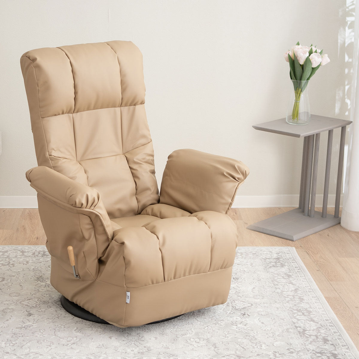 回転リクライニングチェア 回転高座椅子 サイドポケット付き レバー式 無段階リクライニング 360°座面回転 ヘッドレスト角度調節可能 ポケットコイル 高座椅子 ソファ 1人用 【完成品】