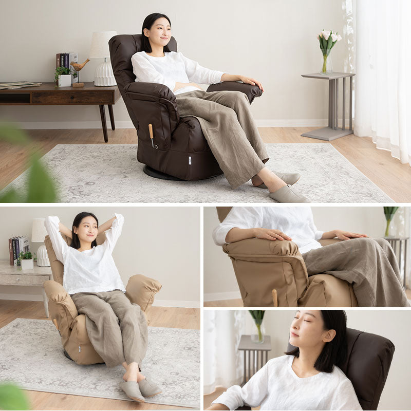 回転リクライニングチェア 回転高座椅子 サイドポケット付き レバー式 無段階リクライニング 360°座面回転 ヘッドレスト角度調節可能 ポケットコイル 高座椅子 ソファ 1人用 【完成品】