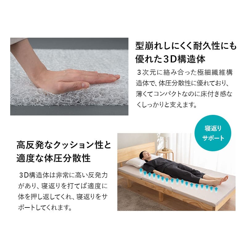 3D構造体 三つ折りマットレス 3DMAT 丸洗い可 通気性抜群 折りたたみ アンダーマットレス オーバーレイ トッパー 高反発 寝返りサポート