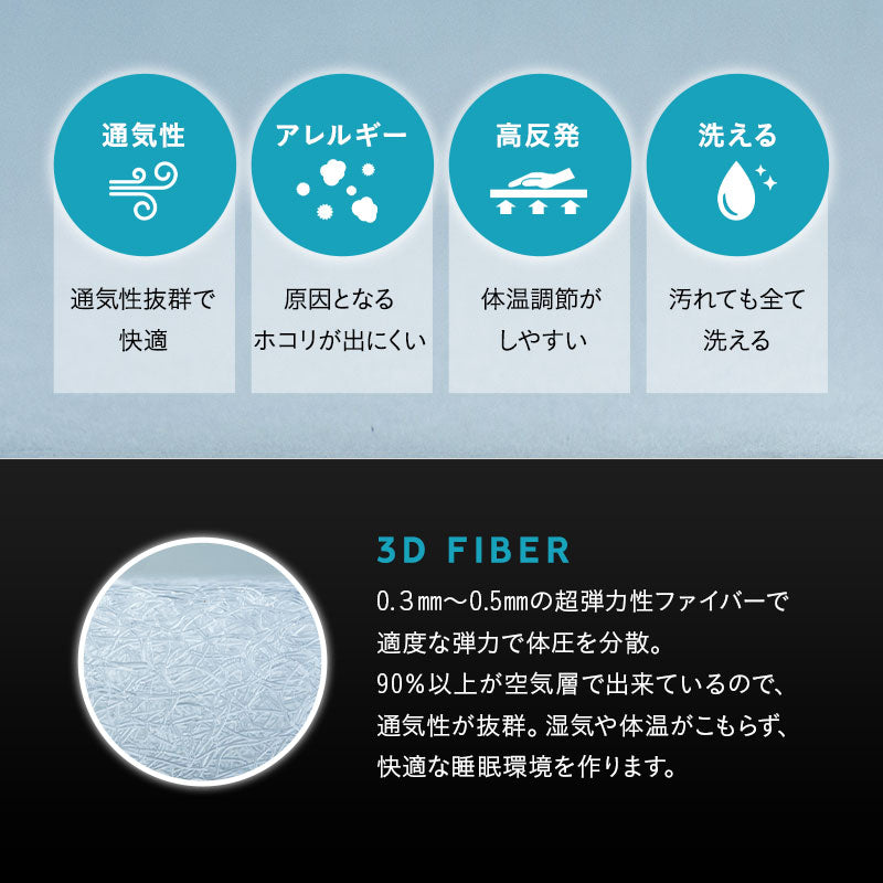 3Dファイバー 洗える ごろ寝マットレス Lサイズ 60×180cm 三つ折り 折りたたみ 高反発 丸洗いOK 通気性抜群 昼寝 キャンプ 車中泊 防災対策