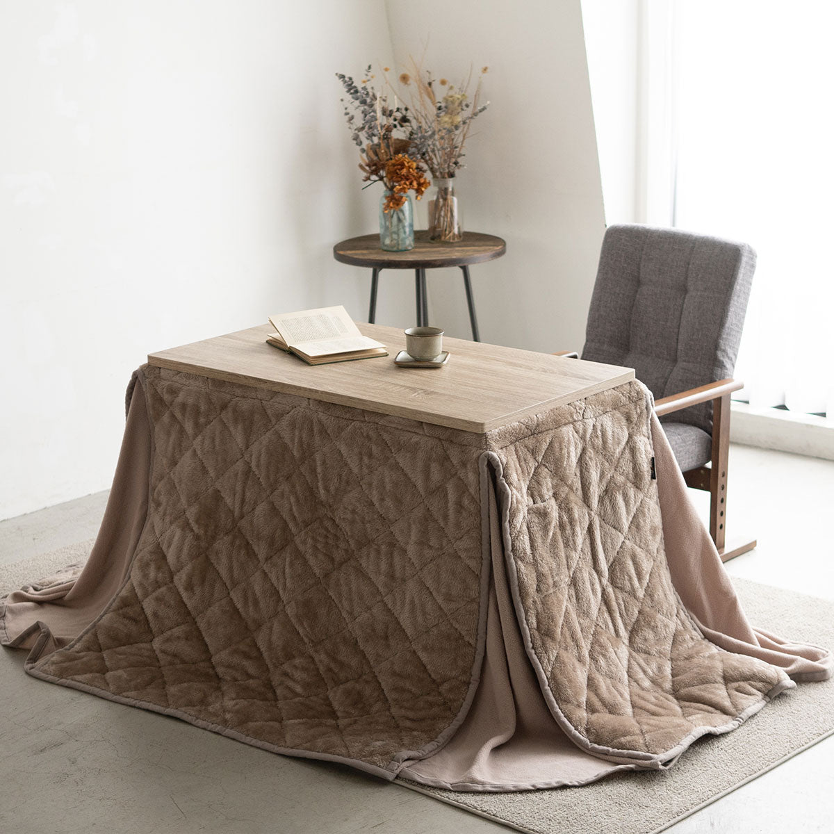 こたつテーブル+こたつ掛け布団+高座椅子 セット 長方形 幅80cm ハイタイプ 省スペースデザイン