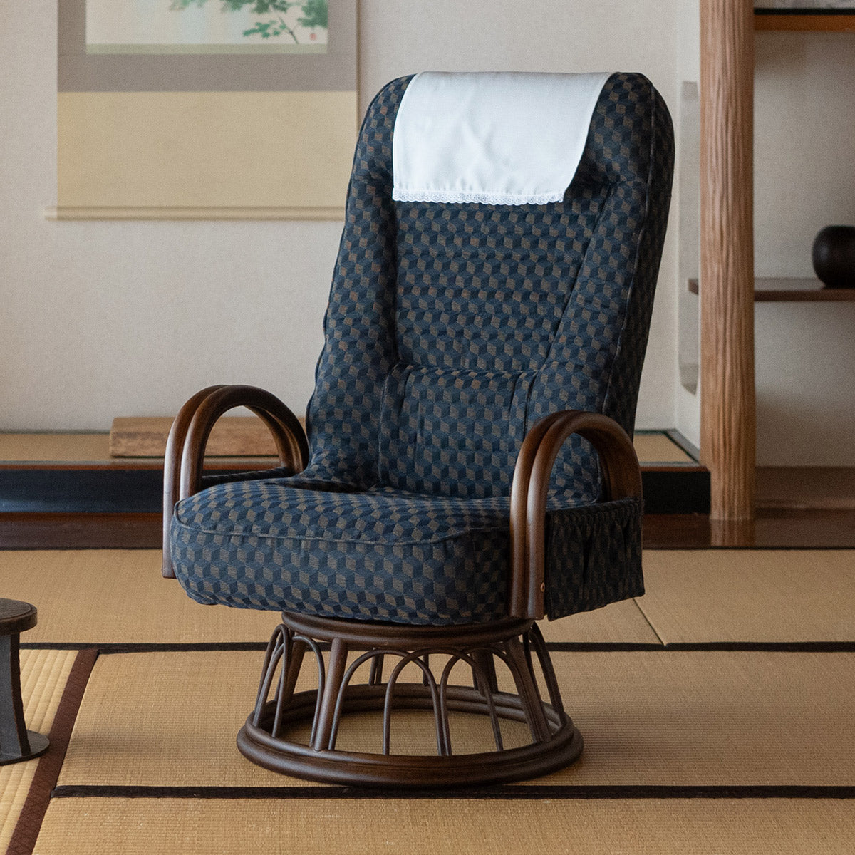 ラタン 回転高座椅子 「ゆるり」 肘掛け付き 選べる2サイズ 低め 高め サイドポケット付き リクライニング 一人用 ハイバック 肘付き 軽量