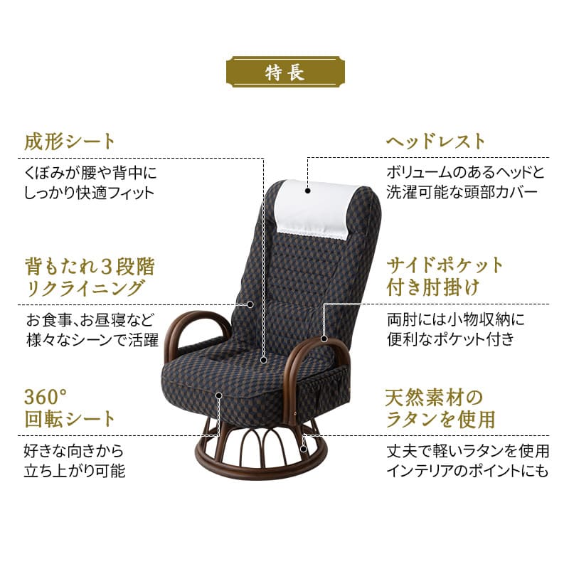 ラタン 回転高座椅子 「ゆるり」 肘掛け付き 選べる2サイズ 低め 高め サイドポケット付き リクライニング 一人用 ハイバック 肘付き 軽量