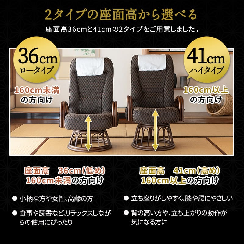 ラタン 回転高座椅子 「ゆるり」 肘掛け付き 選べる2サイズ 低め 高め サイドポケット付き リクライニング 一人用 ハイバック 肘付き 軽量