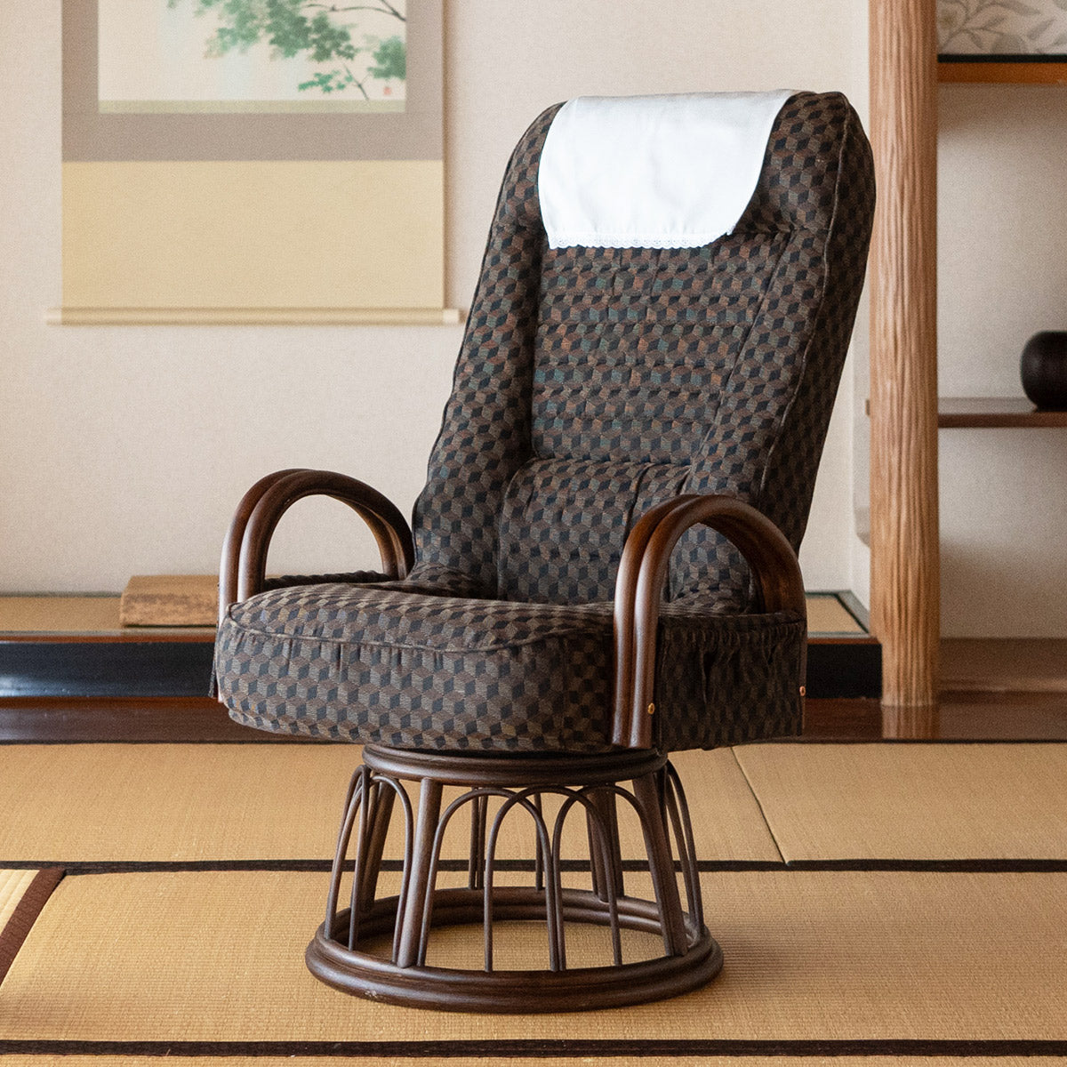 ラタン 回転高座椅子 「ゆるり」 肘掛け付き 選べる2サイズ 低め 高め サイドポケット付き リクライニング 一人用 ハイバック 肘付き 軽量