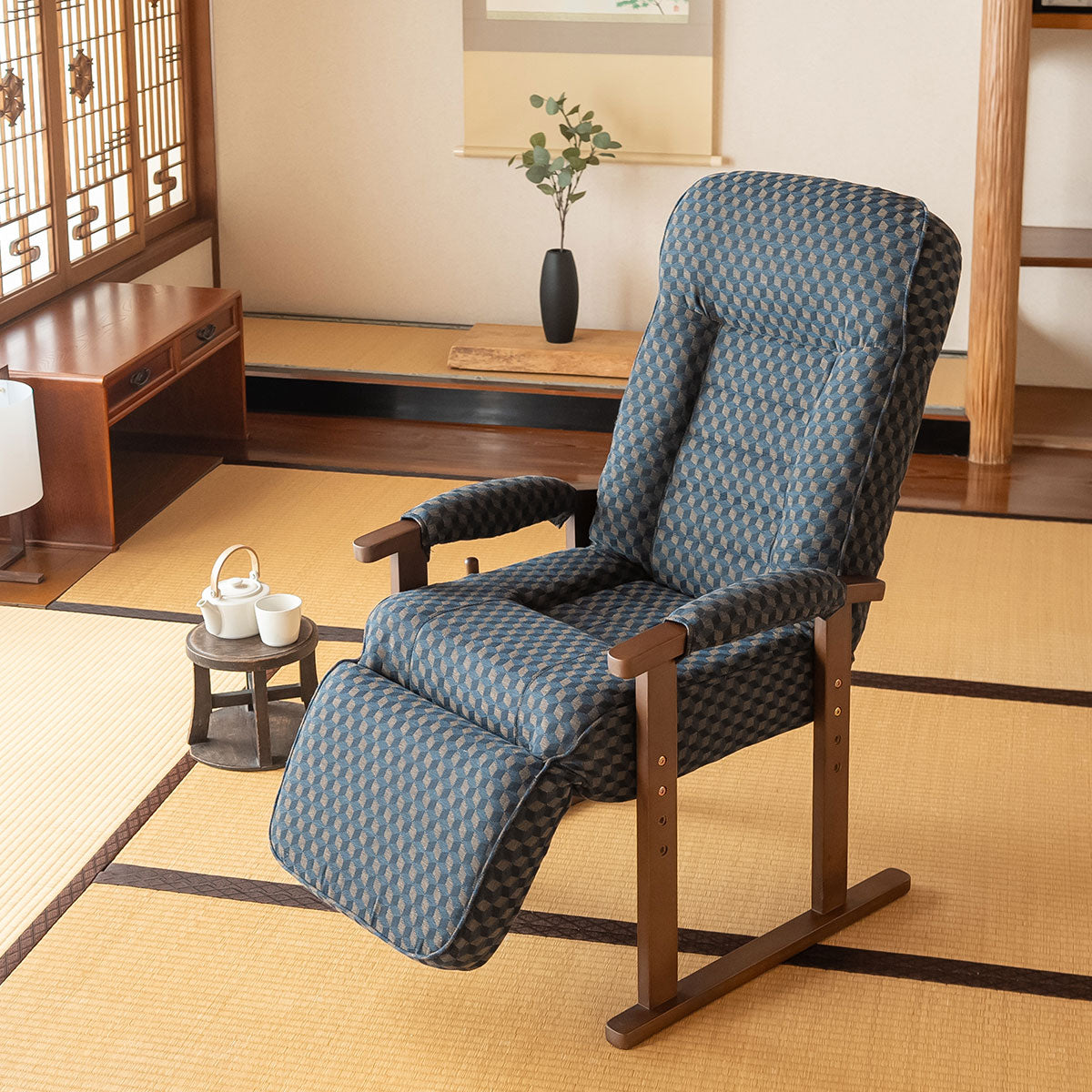 オットマン付き 高座椅子 「ゆるり」 高さ調節可能 リクライニング レバー式 一人用 ハイバック 肘付き