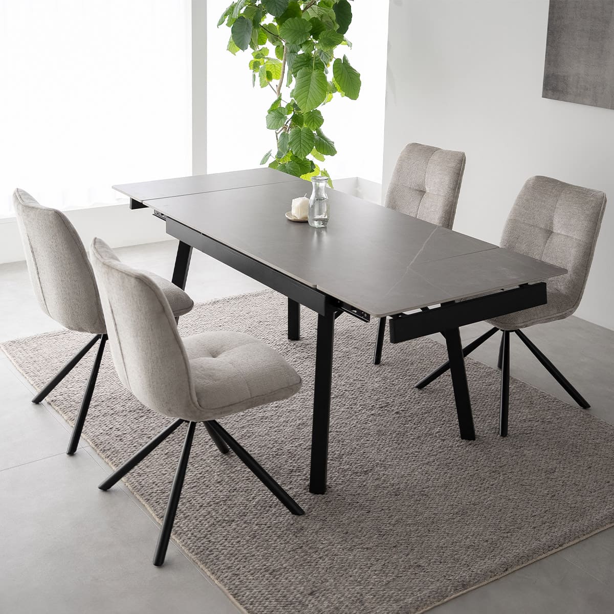 ダイニング5点セット ダイニングセット 幅120~180cm 伸長式 長方形 4人掛け セラミックテーブル回転チェア 食卓用 石目調 ファブリック リビング ダイニング