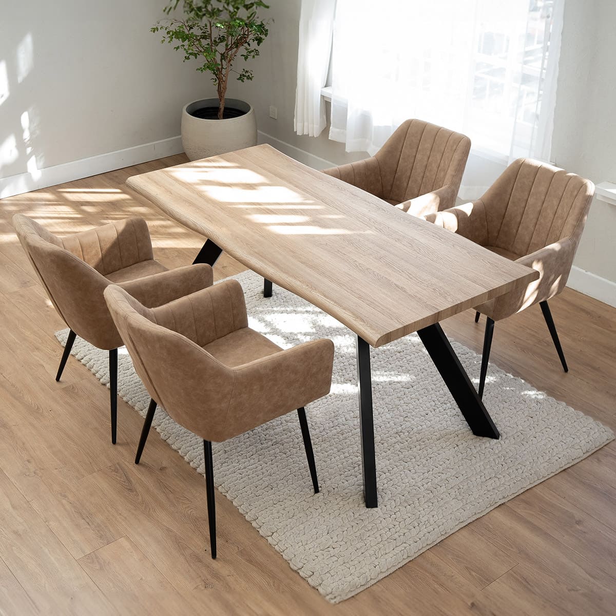 ダイニング5点セット ダイニングセット 幅160cm 長方形 4人掛け 一枚板風テーブル 肘掛け付きチェア 食卓用 木目調 レザー調 リビング ダイニング