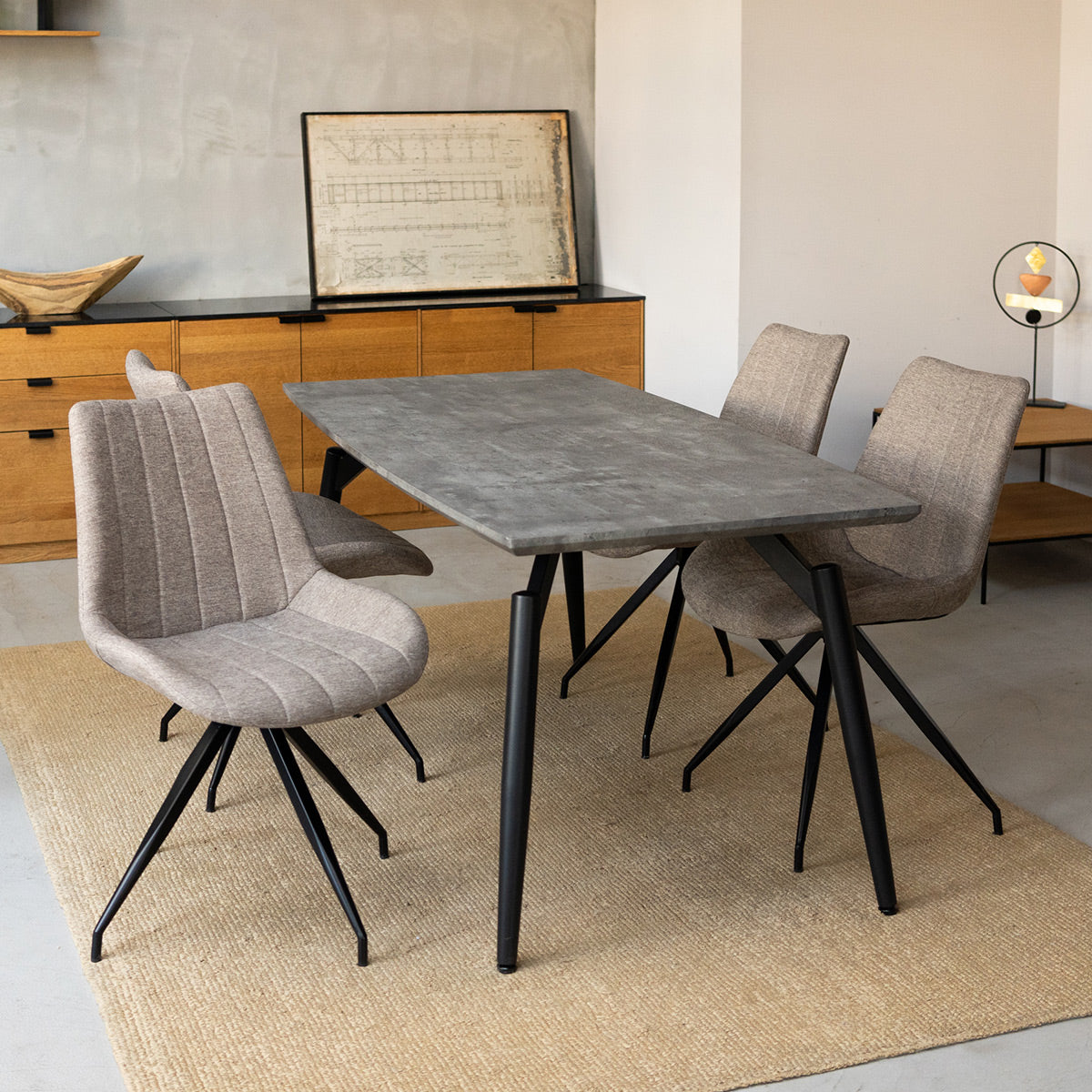 ダイニング5点セット ダイニングセット 幅160cm 長方形 4人掛け ストーン調 ダイニングテーブル 回転チェア 食卓用 石目調 ファブリック リビング ダイニング