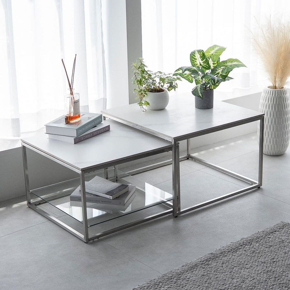 ネストテーブル 幅60cm 正方形 大小セット セラミック センターテーブル ローテーブル サイドテーブル コーヒーテーブル ミニテーブル 石目調 スチール脚 棚付き