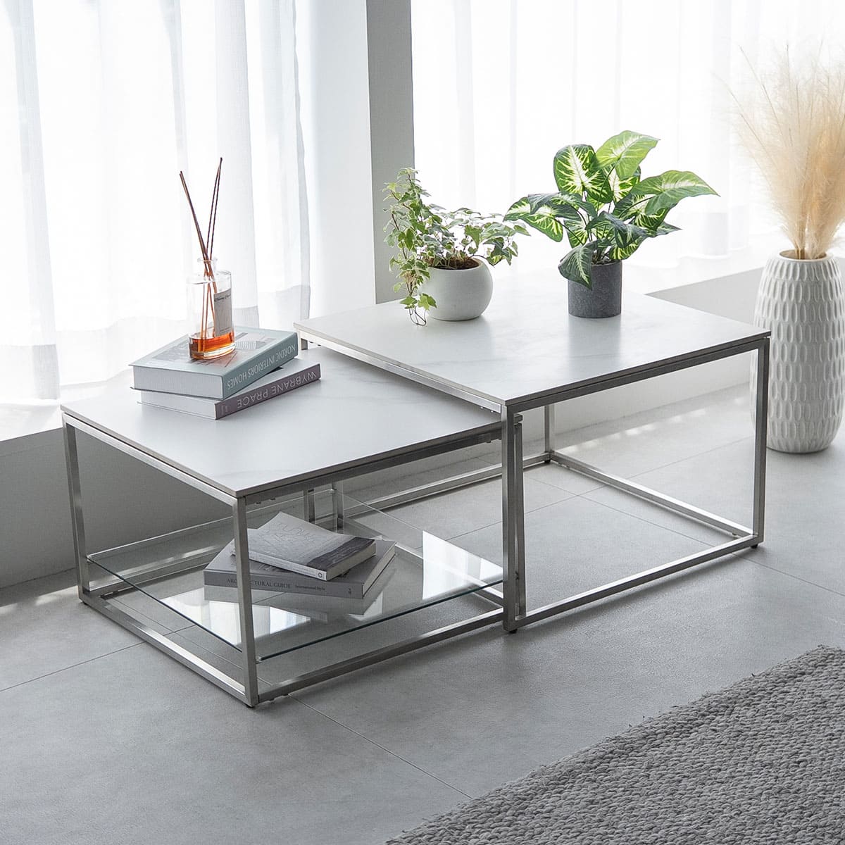 ネストテーブル 幅60cm 正方形 大小セット セラミック センターテーブル ローテーブル サイドテーブル コーヒーテーブル ミニテーブル 石目調 スチール脚 棚付き