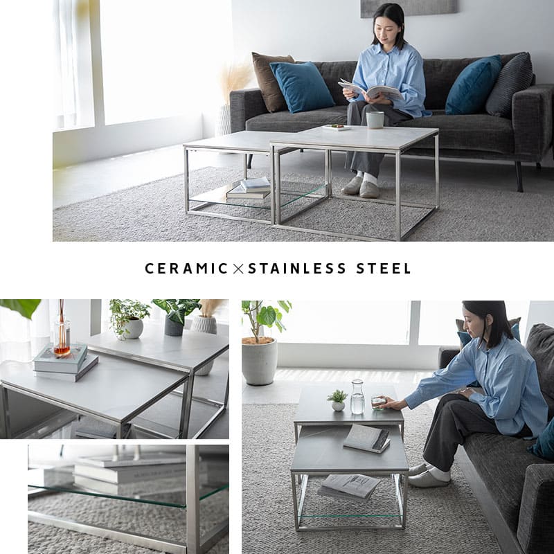 ネストテーブル 幅60cm 正方形 大小セット セラミック センターテーブル ローテーブル サイドテーブル コーヒーテーブル ミニテーブル 石目調 スチール脚 棚付き