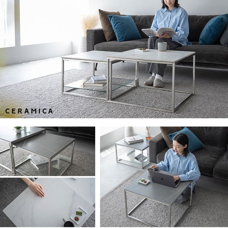 ネストテーブル 幅60cm 正方形 大小セット セラミック センターテーブル ローテーブル サイドテーブル コーヒーテーブル ミニテーブル 石目調 スチール脚 棚付き