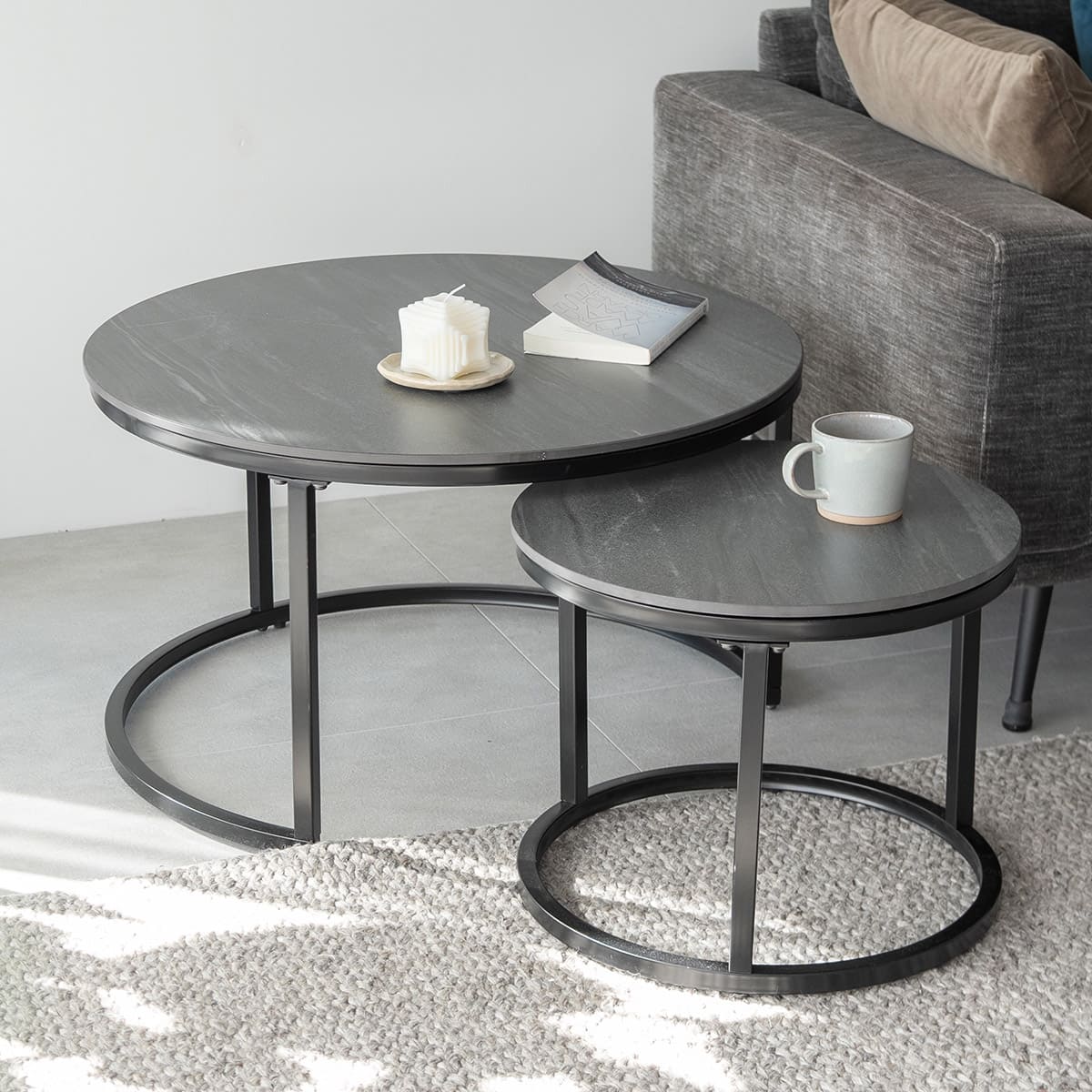 ネストテーブル 直径72cm 円形 ラウンド 大小セット セラミック センターテーブル ローテーブル サイドテーブル コーヒーテーブル ミニテーブル 丸テーブル 石目調 スチール脚