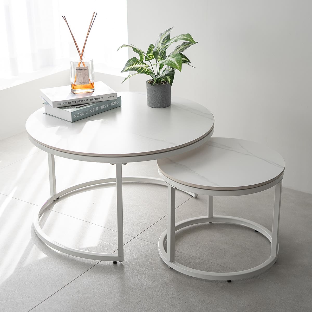 ネストテーブル 直径72cm 円形 ラウンド 大小セット セラミック センターテーブル ローテーブル サイドテーブル コーヒーテーブル ミニテーブル 丸テーブル 石目調 スチール脚