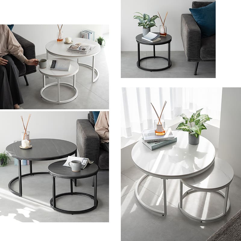 ネストテーブル 直径72cm 円形 ラウンド 大小セット セラミック センターテーブル ローテーブル サイドテーブル コーヒーテーブル ミニテーブル 丸テーブル 石目調 スチール脚