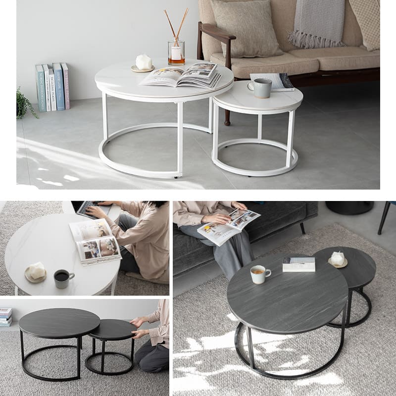 ネストテーブル 直径72cm 円形 ラウンド 大小セット セラミック センターテーブル ローテーブル サイドテーブル コーヒーテーブル ミニテーブル 丸テーブル 石目調 スチール脚