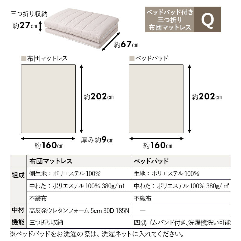 布団マットレス クイーンサイズ 極厚 9cm 折りたたみ 選べるタイプ 三つ折り 3つ折り マットレス 敷き布団