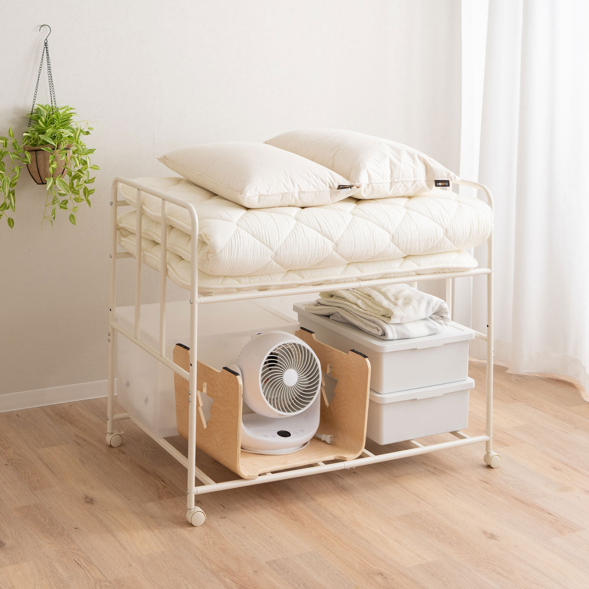 布団収納ラック 2段 大容量 取り出しやすい キャスター付き 高さ調節可能 通気性 収納 棚 台 布団セット 来客用 ふとん マットレス スーツケース アウトドア用品 衣類 寝具 クローゼット 押入 省スペース 衣替え オフシーズン