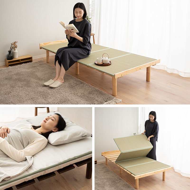 OSMOS 畳ベッド シングルサイズ 高さが変えられる 天然木 すのこベッド 天然い草 畳マット 2点セット