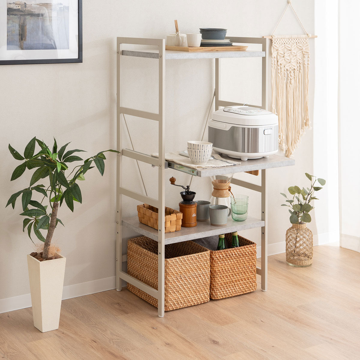 キッチンラック 幅60cm ロータイプ 3段 スライドトレー付き 大型レンジ対応 収納ラック スチールラック レンジ台 レンジラック レンジボード 収納棚 キャビネット ラック 冷蔵庫横 キッチン収納 収納家具