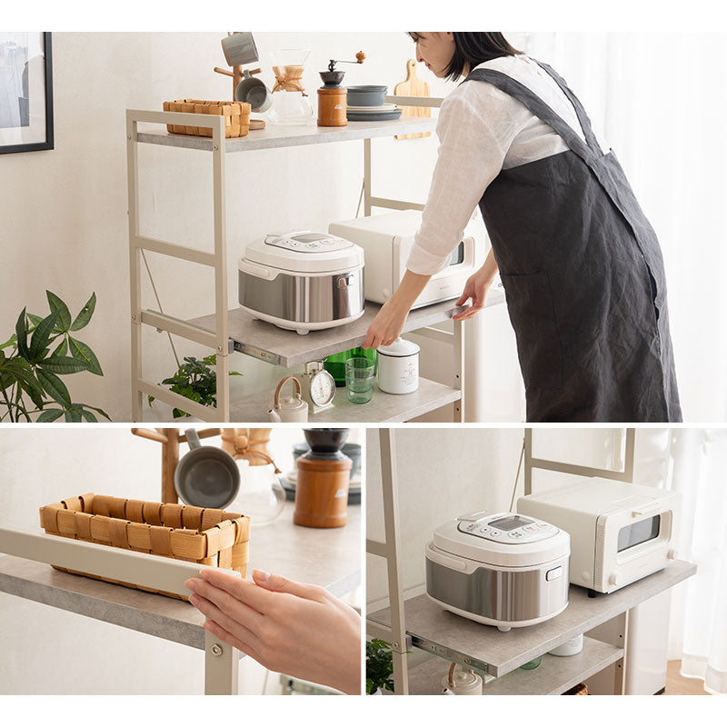 キッチンラック 幅90cm ロータイプ 3段 スライドトレー付き 大型レンジ対応 収納ラック スチールラック レンジ台 レンジラック レンジボード 収納棚 キャビネット ラック 冷蔵庫横 キッチン収納 収納家具