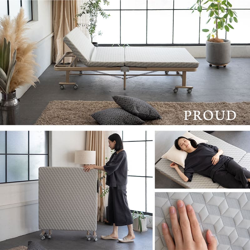 超軽量折りたたみベッド 「プラウド」 シングルサイズ 組立不要 背もたれ5段階リクライニング 指はさみ防止パーツ付き キャスター付き ショールーム体験可