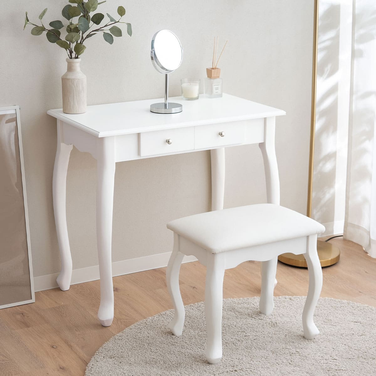ロココ調 猫足 テーブル&スツール 2点セット 幅75cm ドレッサーテーブル 鏡台 パソコンデスク 書斎机 椅子付き 猫脚 白家具 姫系家具 姫家具