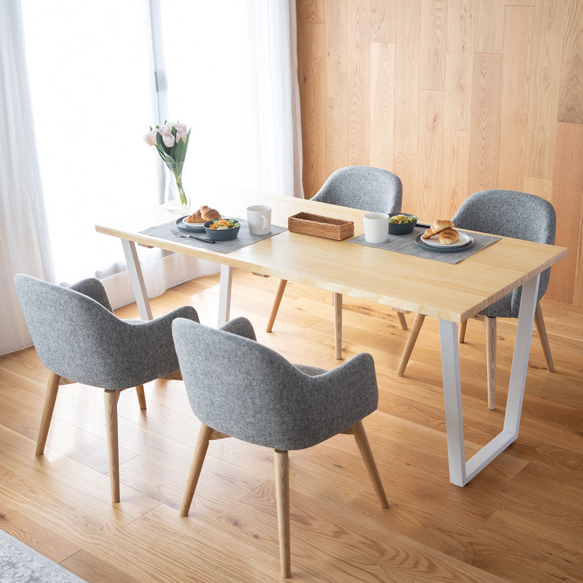 ダイニング5点セット ダイニングセット 幅160cm 長方形 4人掛け 無垢天板 ダイニングテーブル 肘掛け付きチェア 回転チェア 食卓用 木目調 ファブリック リビング ダイニング