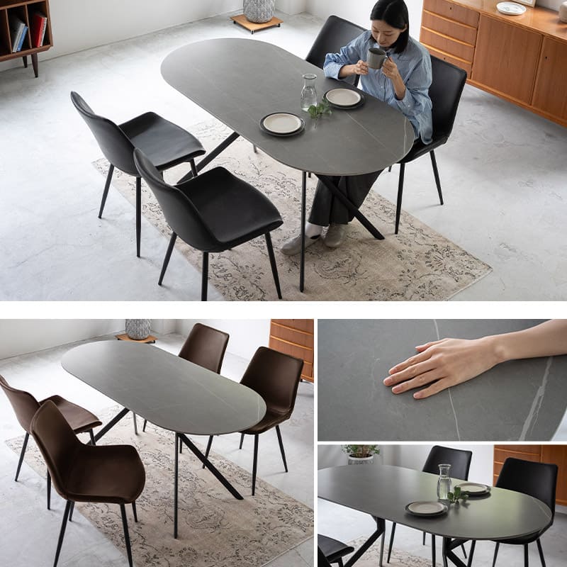 ダイニング5点セット ダイニングセット 幅160cm 楕円形 4人掛け セラミックテーブル レザー調チェア 食卓用 石目調 合成皮革 リビング ダイニング