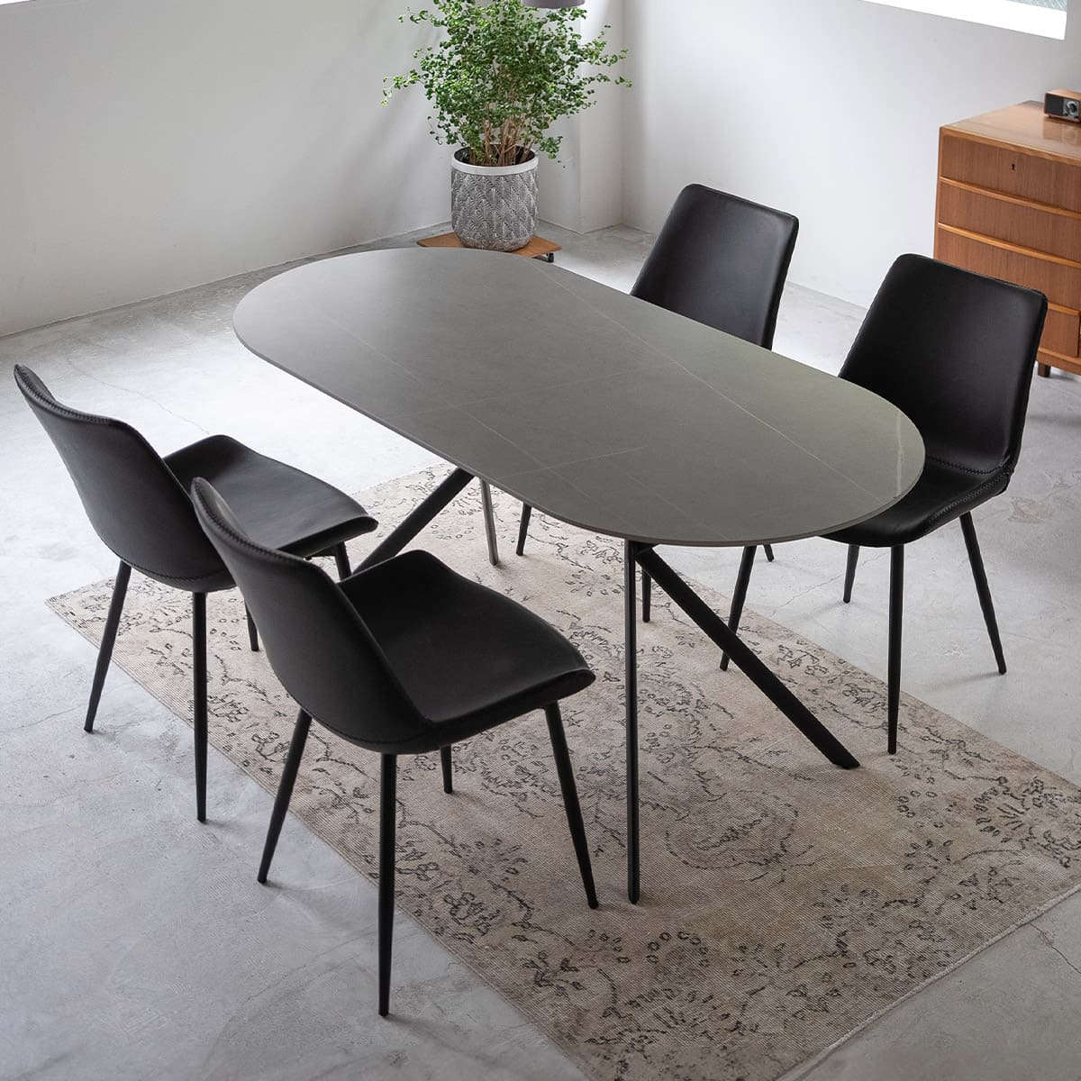 ダイニング5点セット ダイニングセット 幅160cm 楕円形 4人掛け セラミックテーブル レザー調チェア 食卓用 石目調 合成皮革 リビング ダイニング